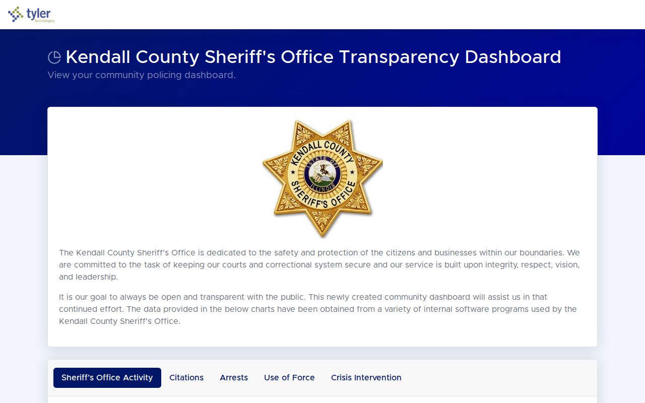 Kendall County Sheriff public activity dashboard for recent incidents and arrests