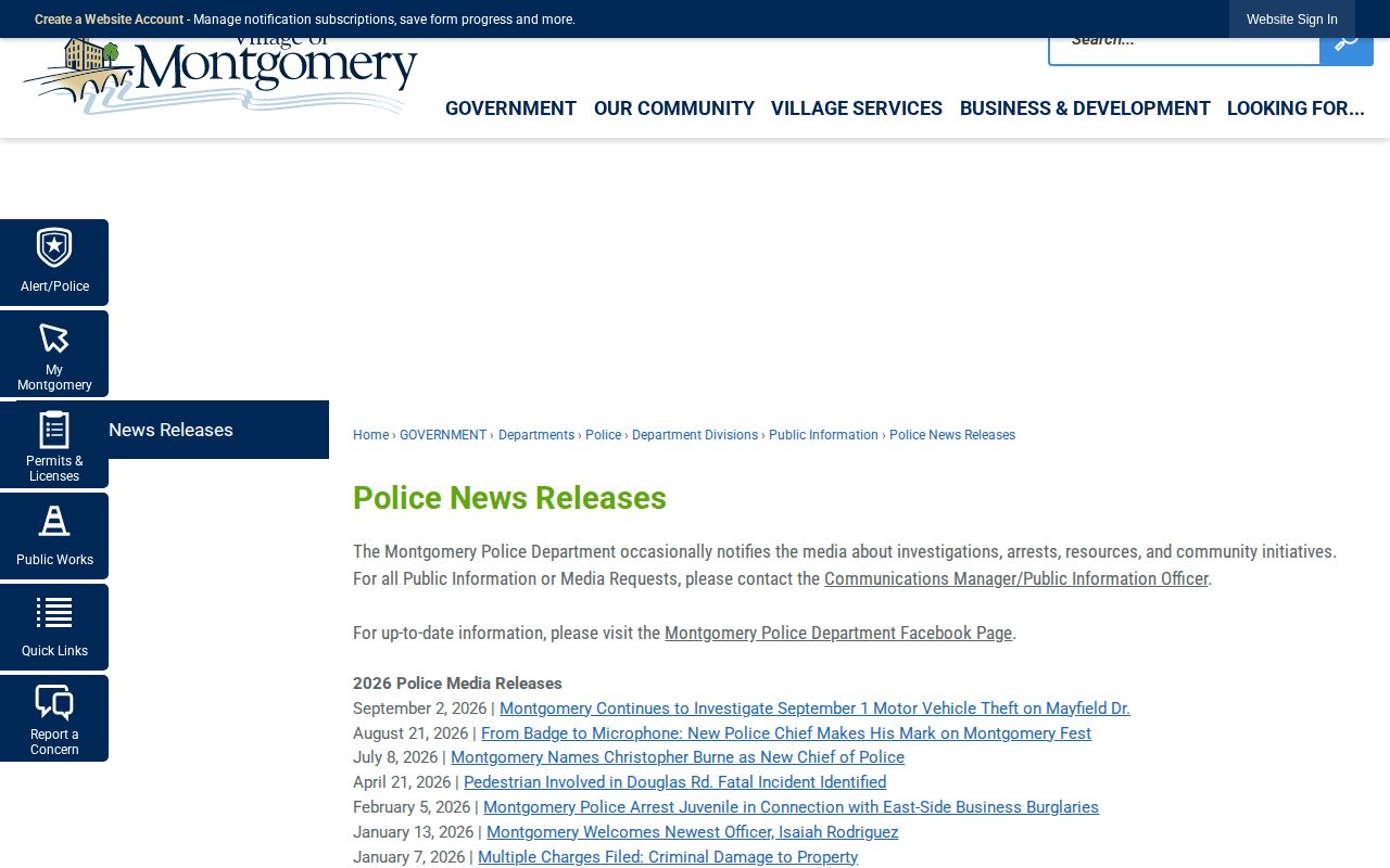 Montgomery Police News Releases official page