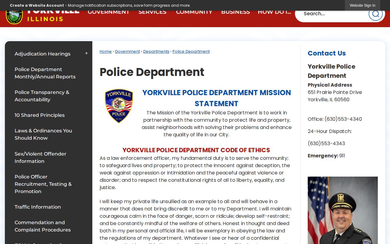 Official Yorkville Police Department webpage with department contact information