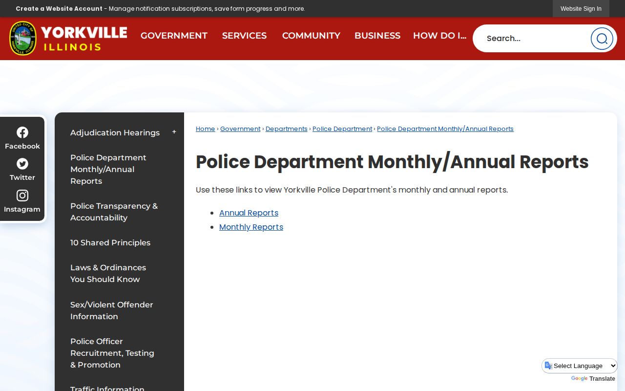Yorkville Police Department monthly and annual reports page