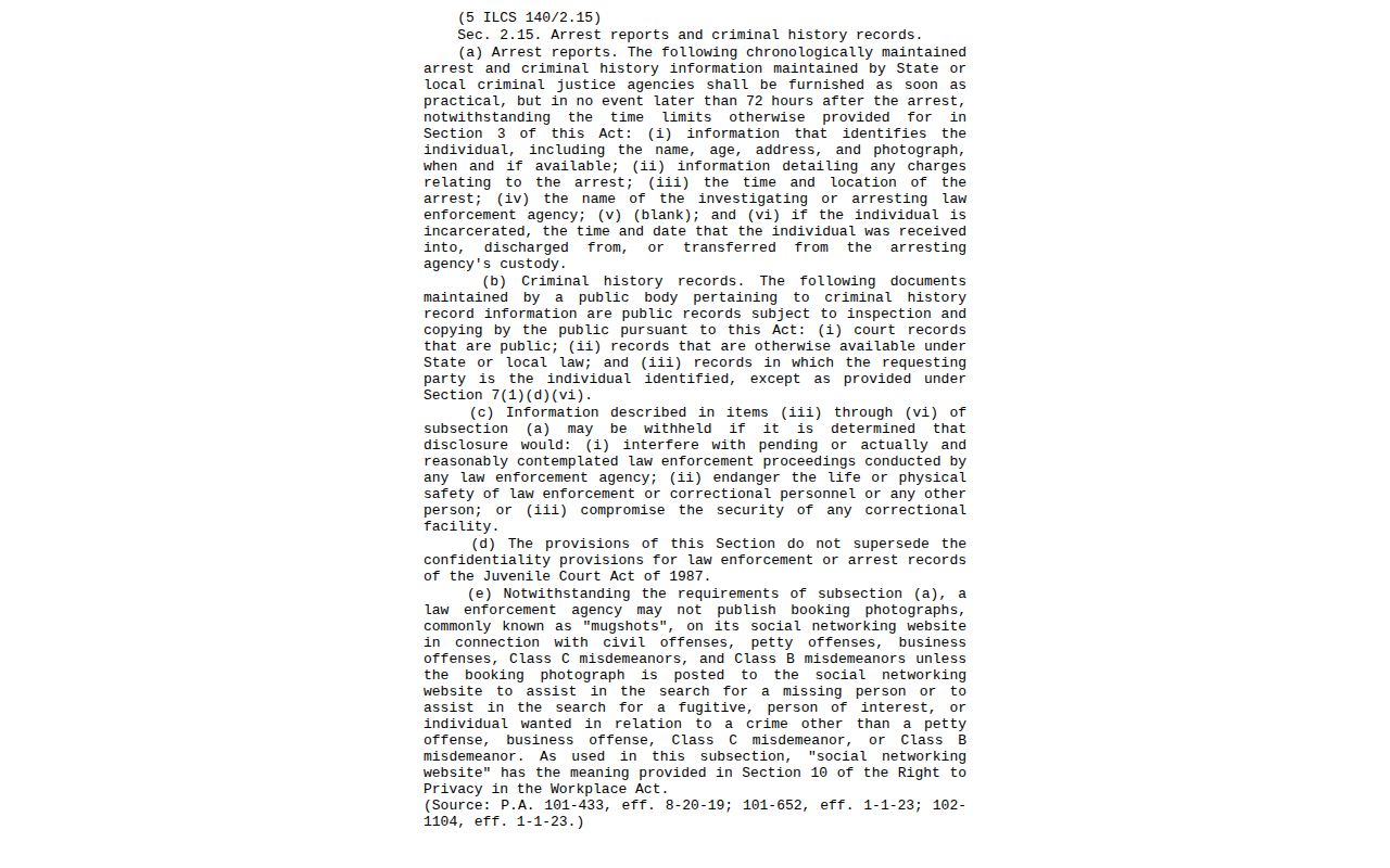 Illinois statute governing public arrest information and booking photo publication
